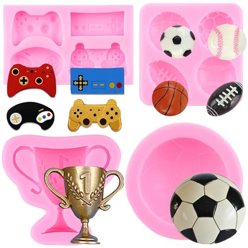 RFGHAC Fußball Basketball Baseball Rugby Silikonform Game Controller Fondant Form Trophäe Schokoladenform für Zucker Kuchen Dekorieren Cupcake Topper Candy Polymer Clay Gum Paste Set von 4 von RFGHAC
