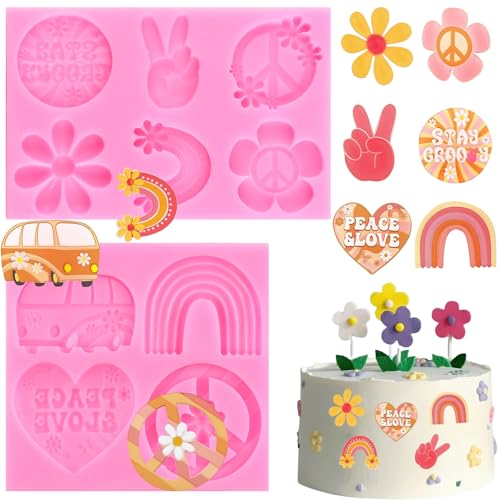 RFGHAC Groovy Silikonformen Fondantformen Gänseblümchen Regenbogen Blume Silikonformen Bus Friedenszeichen Schokolade Süßigkeiten Form für Groovy Hippie Boho Kuchen Dekorieren Cupcake Gummipaste von RFGHAC