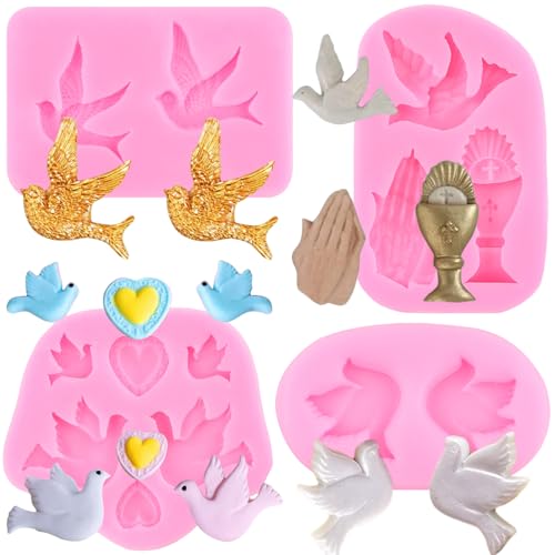 RFGHAC ​​Kommunion Silikonformen Taube Fondant Formen Betende Hände Bonbonform Taufe Kuchendekorationen Form Zum Kuchen Dekorieren Schokolade Blütenpaste Bonbon Polymer Clay 4er Set von RFGHAC