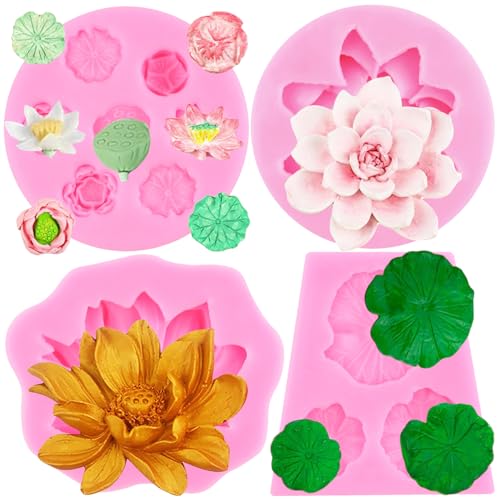 RFGHAC Lotusblume Silikonform Sukkulenten Pflanze Fondant Formen Lotusblatt Schokoladenformen für Kuchen Dekorieren Gummipaste Süßigkeiten Polymer Clay 4 Stück von RFGHAC