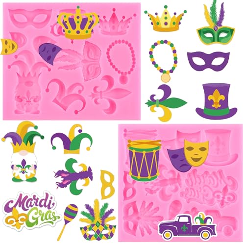 RFGHAC Mardi Gras Fondant Formen Maskerade Maske Fleur-De-Lis Krone Feder Maske Silikonform Karneval für Zucker Kuchen Dekorieren Cupcake Topper Candy Chocolate Gum Paste Polymer Clay 2 Stück von RFGHAC