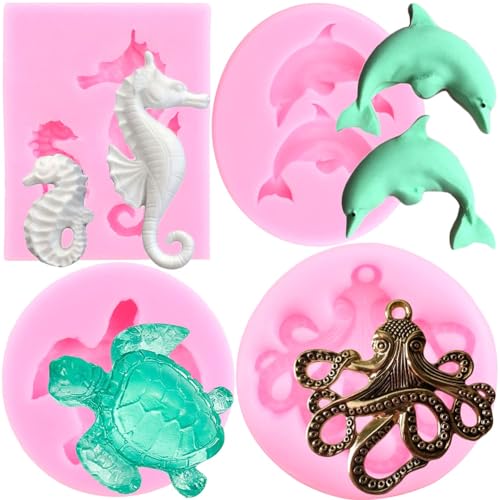 RFGHAC Meeresschildkröte Seepferdchen Silikonformen Delfin Octopus Fondant Form für Schildkröte Kuchen Dekorieren Cupcake Topper Harz Zucker Süßigkeiten Schokolade Gummipaste 4 Stück von RFGHAC