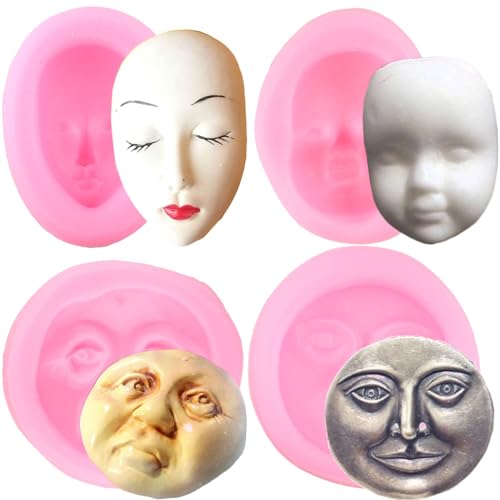 RFGHAC Moon Face Silikonformen Gesicht Fondant Form für Kuchen Dekorieren Süßigkeiten Schokolade DIY Zucker Basteln Gummipaste 4 Stück von RFGHAC