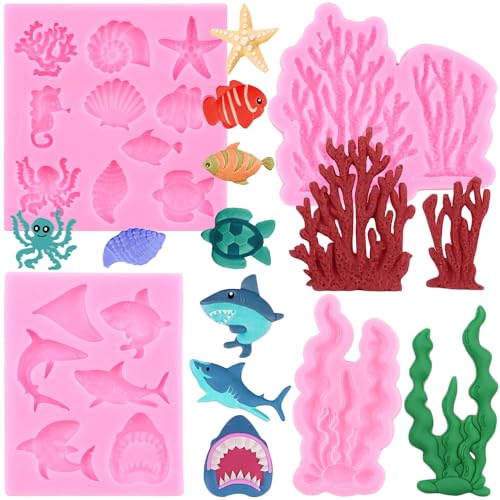 RFGHAC Ozeanhai Fondantform Meer Anima Silikonform Muschel Seestern Oktopus Schildkröte Koralle Schokolade Süßigkeiten Form für Kuchen Dekorieren Cupcake Topper Gummipaste Polymer Clay 4 Stück von RFGHAC