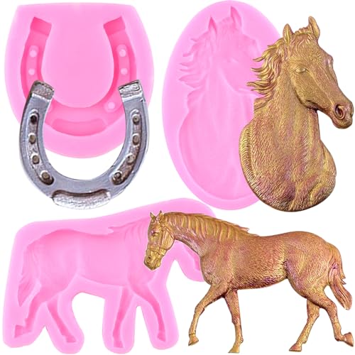 RFGHAC Pferd Silikonform Hufeisen Huffondant Formen Pferdekopf Süßigkeitenform für Zucker Kuchen Dekorieren Cupcake Topper Schokolade Gummipaste Polymer Clay 3 Stück von RFGHAC