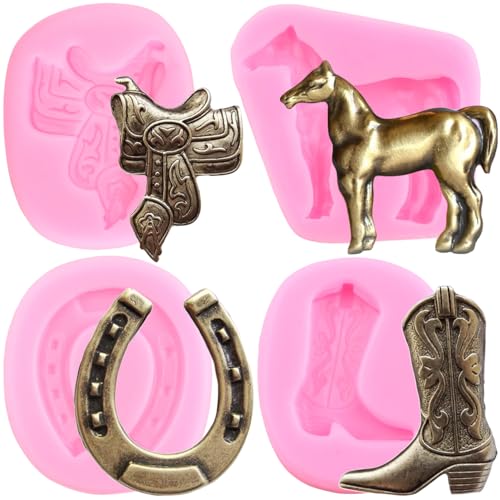 RFGHAC Pferd Silikonformen Hufeisen Hufeisen Huf Fondant Formen Cowboystiefel Süßigkeitenform Sattelform für Kuchen Dekorieren Cupcake Topper Candy Polymer Clay Schokolade Gummipaste 4 Stück von RFGHAC