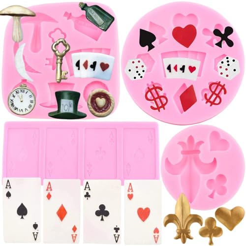 RFGHAC Poker Silikonformen Alice Wunderland Hut Fondant Form Sieb Spielkarten Süßigkeiten Formen für Kuchendekoration Cupcake Topper Schokolade Polymer Clay Gummipaste 4 Stück von RFGHAC