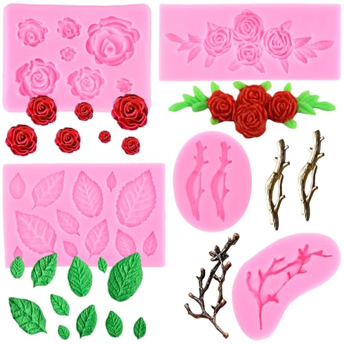 RFGHAC Rose Blume Silikonformen Baum Ast Fondant Formen Zweig Zweig Blätter Süßigkeiten Form für Zucker Kuchen Dekorieren Cupcake Topper Schokolade Gummipaste Polymer Clay 5 Stück von RFGHAC