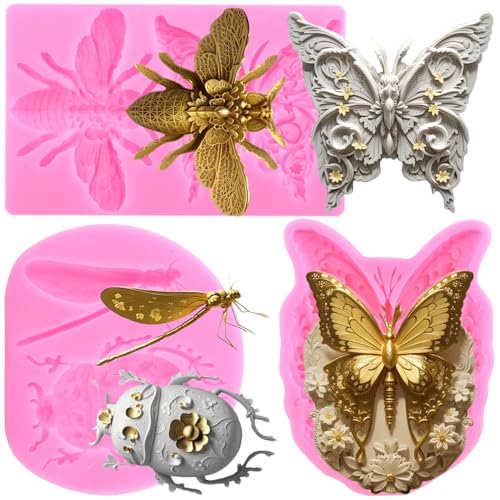 RFGHAC ​​Schmetterlings-Silikonform Libellen-Fondantformen Bienenkäfer Schokoladenformen zum Dekorieren von Kuchen Blütenpaste Süßigkeiten Polymer-Ton 3er-Set von RFGHAC