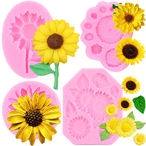 RFGHAC 4 Stück Sonnenblume Silikon Fondant Formen Sonnenblume Staubblatt Silikonform für DIY Kuchen Dekorieren Cupcake Topper Candy Chocolate Polymer Clay Gum Paste von RFGHAC