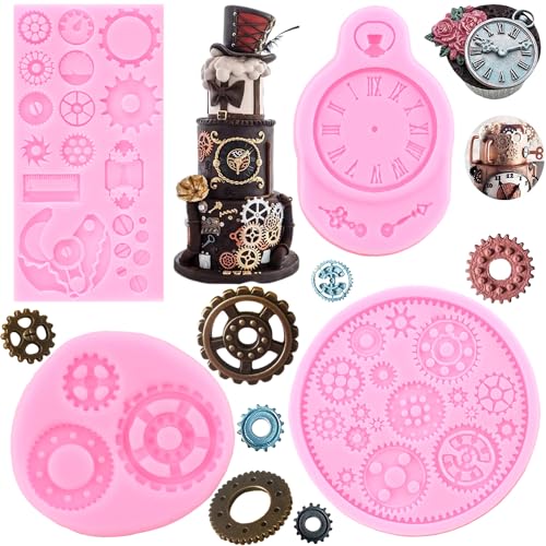 RFGHAC Steampunk Gear Silikonformen Vintage Uhr Fondant Formen für Zucker Kuchen Dekorieren Cupcake Topper Süßigkeiten Schokolade Gummipaste Polymer Clay 4 Stück von RFGHAC