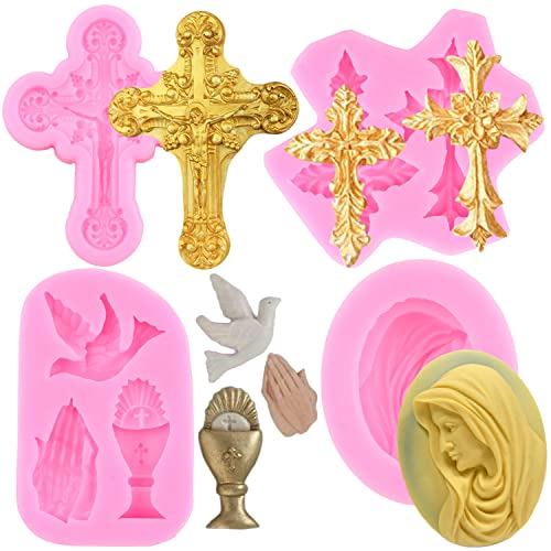 RFGHAC Taufe Kuchen Dekorationen Kreuz Kuchenform Kreuz Silikonformen Kommunion Taube Fondant Formen für Taufe Party Kuchen Dekorieren Cupcake Topper Süßigkeiten Schokolade Gummipaste 4er Set von RFGHAC