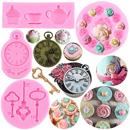 RFGHAC Teeparty Kuchenform Teekanne Fondant Form Vintage Schlüssel Uhr Silikonform Teetasse Form Rose Blume Form für Kuchen Dekorieren Cupcake Topper Candy Gum Paste Polymer Clay 4er Set von RFGHAC