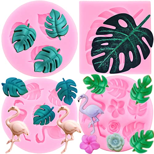 RFGHAC Tropische Blatt Silikonformen Flamingo Fondant Form Monstera Blätter Süßigkeiten Form für Kuchen Dekorieren Cupcake Topper Candy Polymer Clay Schokolade Gummipaste 4 Stück von RFGHAC