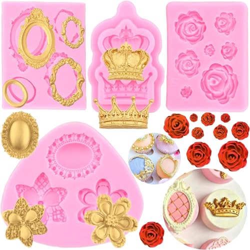 RFGHAC Vintage Rahmen Cupcake Fondant Form Barock Stil Fondant Silikonform Krone Rose Blume Formen Bilder Rahmen Silikonform für Kuchendekoration Schokolade Süßigkeiten Polymer Clay 4 Stück von RFGHAC
