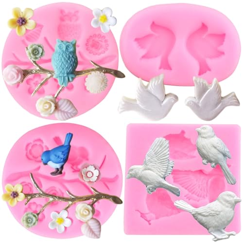 RFGHAC Vogel Silikonformen Eulen Baum Ast Fondant Form Blume Blätter Silikonformen für Kuchen Dekorieren Cupcake Topper Süßigkeiten Harz Ton Schokolade Gummipaste 4 Stück von RFGHAC
