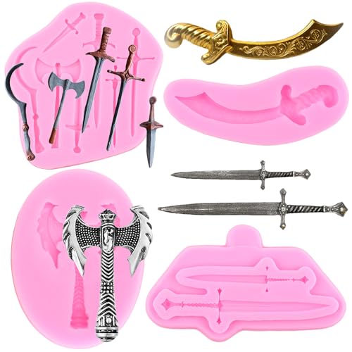 RFGHAC Waffen Schwert Axt Messer Silikon Fondant Form für Kuchen Dekoration Cupcake Topper Candy Polymer Clay Schokolade Gummipaste 4 Stück von RFGHAC