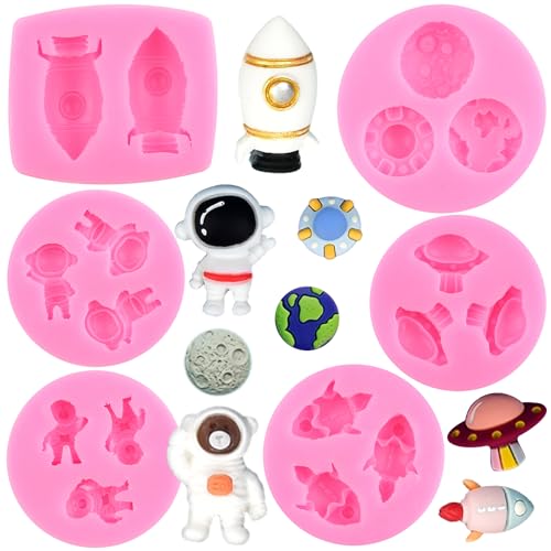 RFGHAC Weltraum Thema Form Astronaut Silikonformen Raumschiff Planet Rakete Satellit Fondant Form für Kuchen Dekoration Cupcake Topper Cookie Candy Schokolade Gummipaste Polymer Clay 6 Stück von RFGHAC