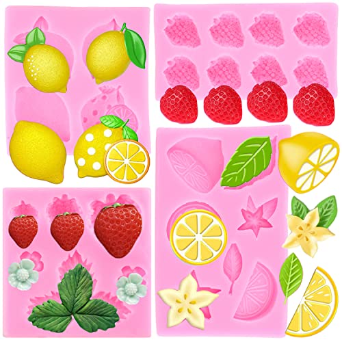 RFGHAC Zitrone Fondant Formen Obst Erdbeere Blume Silikonform Zitronenscheiben Süßigkeiten Form für Kuchen Dekorieren Cupcake Topper Schokolade Gummipaste Polymer Clay 4 Stück von RFGHAC