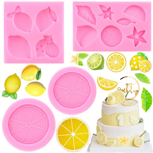 RFGHAC Zitrone Fondant Formen Sommer Obst Silikon Süßigkeiten Schokoladenform Zitronenscheiben Harz Formen für Kuchen Dekorieren Cupcake Topper Candy Chocolate Gum Paste Polymer Clay 4 Stück von RFGHAC