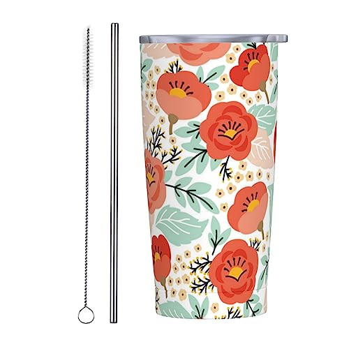 RFSHOP 590 ml Reise-Kaffeebecher Life Flowers Isolierter Becher mit Deckel und Strohhalmen Wiederverwendbare Edelstahl-Wasserflasche von RFSHOP
