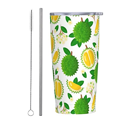 RFSHOP Fruit of Durian and Leaves Pattern Travel Coffee Mug, Tumbler with Lid and Straw Leakproof Thermal Stainless Steel Cup for Hot Cold Drinks 590ml von RFSHOP