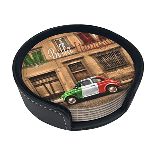 Schöne Italien Untersetzer Set von 6, runde Leder Getränkeuntersetzer, rutschfeste hitzebeständige Tassen Untersetzer Matte von RFSHOP