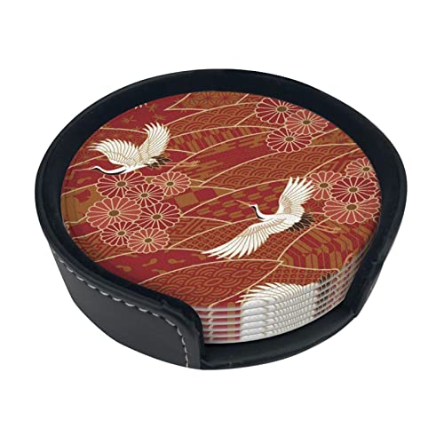 Zwei Kraniche-Chrysanthemen-Untersetzer, 6 Stück, runde Leder-Getränkeuntersetzer, rutschfest, hitzebeständig, Untersetzer Zwei Kraniche-Chrysanthemen-Untersetzer, 6 Stück, runde Leder-Getränkeuntersetzer, rutschfest, hitzebeständig, Untersetzer von RFSHOP