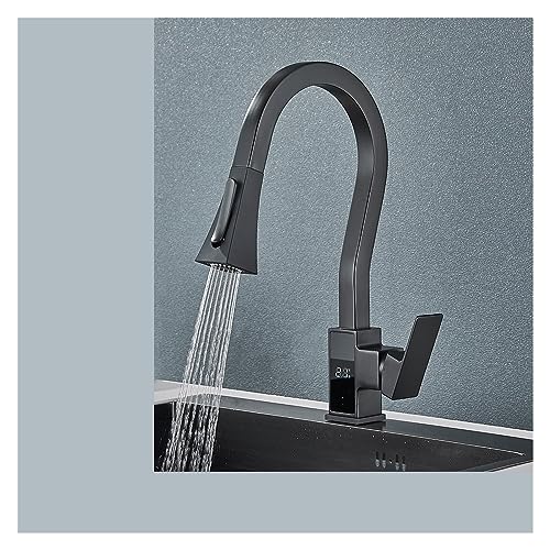 Mattschwarzer, herausziehbarer Küchenspülen-Wasserhahn, Temperatur-Digitalanzeige, vier Modell-Stream-Sprühdüsen, Heiß-Kaltwasser-Mischbatterie (Color : Black-2CS) von RFXOGTYFZ