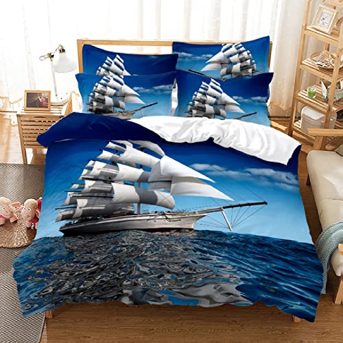 RFXSJY 3D Bettbezug Set Segelschiff Auf See Bettwäsche 3 Teilig Weiche Atmungsaktive Microfaser Kinder Teenager Anti-Allergie 135 X 200Cm von RFXSJY