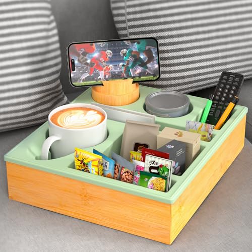 Couchbar Snackbox Silikon sofatablett mit 360 Grad Drehbar Handyhalter beistelltisch mit Holz Sofatablett für Sofa, kino Deko, Couch organizer Bar mit Getränkehalter - Snackbox mit Fächern (grüner) von RGBDOT