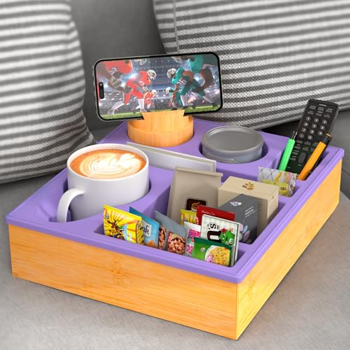 Couchbar Snackbox Silikon sofatablett mit 360 Grad Drehbar Handyhalter beistelltisch mit Holz Sofatablett für Sofa, Kino Deko, Couch Organizer Bar mit Getränkehalter - Snackbox mit Fächern (violett) von RGBDOT