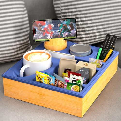 Couch bar Snack box Silikon sofatablett mit 360 Grad Drehbar Handyhalter beistelltisch mit Holz Sofatablett für Sofa, kino Deko, Couch organizer Bar mit Getränkehalter - Snackbox mit Fächern(blau) von RGBDOT