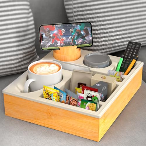 Couchbar Snackbox Silikon sofatablett mit 360 Grad Drehbar Handyhalter beistelltisch mit Holz Sofatablett für Sofa, kino Deko, Couch organizer Bar mit Getränkehalter - Snackbox mit Fächern(khaki) von RGBDOT