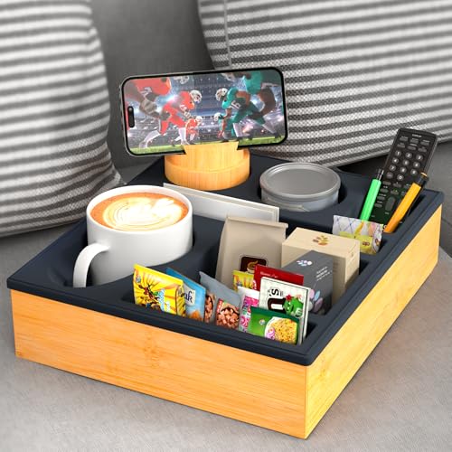Couchbar Snackbox Silikon sofatablett mit 360 Grad Drehbar Handyhalter beistelltisch mit Holz Sofatablett für Sofa, Kino Deko, Couch Organizer Bar mit Getränkehalter - Snackbox mit Fächern(schwarz) von RGBDOT