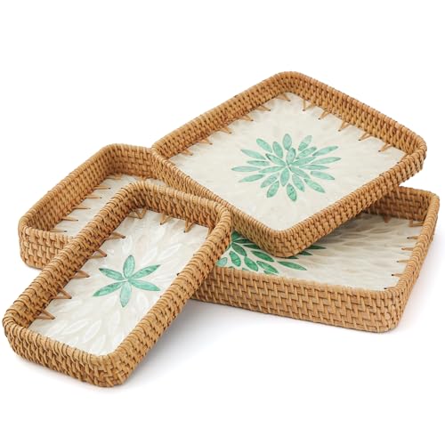 Rattan Serviertablett mit Perlmutte Inlage,Handgewebtes Dekoratives Serviertablett Groß,Boho Deko Tablett,Frühstückstablett, Esstisch dekoTtablett (Grün, Rechteckig，3 Stück) von RGBDOT
