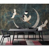 Elegante Kran-Mond-Nacht-Fliege Tapete Wandbild, Art Chinoiserie Neutral Selbstklebend Abziehen Und Aufkleben 3D Tapete, Schlafzimmer Designer von RGBdecor