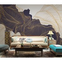 Goldene Linie Abstrakte Kunst Bergsee-Tapete Wandbild, Selbstklebende Schale Und Stick-3D-Wandkunst, Abnehmbarer Designer-Kunst-Wanddekor von RGBdecor