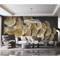 Goldene Linie Abstrakte Kunst Ginkgoblätter Tapete Wandbild, Selbstklebende 3D-Wandkunst, Abnehmbare Designer-Kunst-Wand-Dekor von RGBdecor