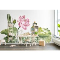 Rosa Lotus Grüne Blätter Tapete, Tapete Wandbild, Selbstklebende Schälchen Und Stock Wandtatko, Designer Abnehmbare Wanddekoration von RGBdecor