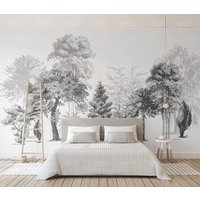 Schwarz Weiß Gezeichnete Wald Tapete, Tapete Wandbild, Selbstklebende Schale Und Stock Wandtatze, Designer Abnehmbare Wanddekoration von RGBdecor