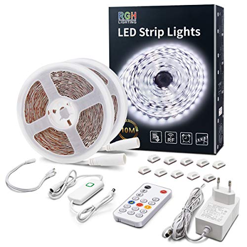 LED Leiste Kaltweiß 10M Dimmbar LED Streifen mit RF Fernbedienung 6500K Ultrahelle Plug-in Unterbauleuchten mit Timing Modus LED Lichtband Komplette Kits für Wohnzimmer Schlafzimmer Küche Spiegel von RGH LIGHTING