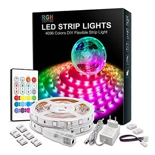 RGB LED Strip 10m, Helle 4096 DIY Farben LED Streifen mit Memory-Funktion, Selbstklebend Farbwechsel LED Lichterkette mit Fernbedienung, 30 Minuten Ausschaltzeit LED Lichtband Kits für Wohnkultur von RGH LIGHTING