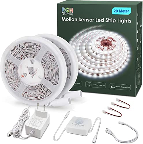 RGH LED Strip mit Bewegungsmelder, 20M Weiß LED Steifen Selbstklebend mit 3 Timing Aus für Wohnzimmer,Schlafzimmer,Küche,Treppe, 6000K von RGH LIGHTING