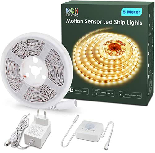 RGH LED Strip mit Bewegungsmelder, 5M Warmweiß Led Streifen Selbstklebend mit Timing-Funktion Für Schrank,Küche,Wohnzimmer,Schlafzimmer,Treppe, 3000K von RGH LIGHTING