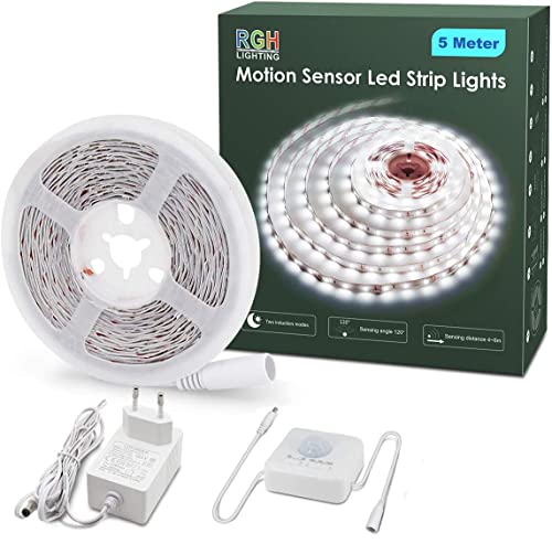 RGH Led Strip mit Bewegungsmelder, 5M Weiß Licht Senor Steifen Selbstklebend mit Timing-Funktion Für Schrank/Küche/Wohnzimmer/Schlafzimmer/Treppendekoration, 6000K von RGH LIGHTING