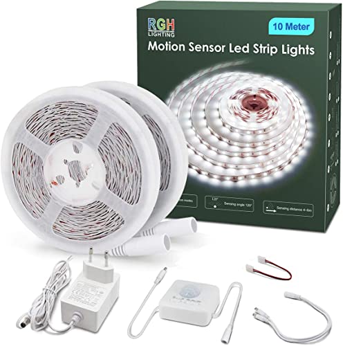 RGH LED Strip mit Bewegungsmelder, 10M Weiß Led Steifen Selbstklebend mit 3 Timing aus Für Schrank,Schlafzimmer,Küche,Treppe, 6000K von RGH LIGHTING