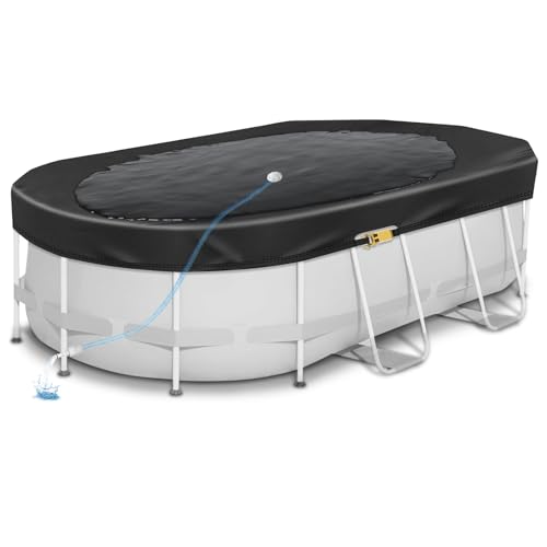 18 x 2,7 m ovale Poolabdeckung für oberirdische Pools, verdickte 420D Poolabdeckungen mit automatischem Abfluss, Winter-Poolabdeckung mit Ratschenschnalle, reißfest & schnelle Installation von RGJ