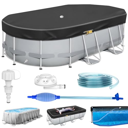 Ovale Poolabdeckung mit automatischem Abfluss, 420D einteilige, reißfeste oberirdische Poolabdeckung mit Ratschenschnalle, schnelle Installation/Vermeidung von Staunässe/Winddicht/UV-geschützt von RGJ