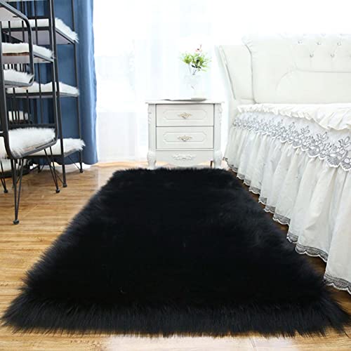 RGRE Nachahmung Lammfell Teppich 90x90cm, Kunstfell Teppich Schwarz, Lange Haare Flauschig Wohnzimmer Teppich, Faux Lammfell Schaffell Bettvorleger Sofa Matte, Fellteppich von RGRE